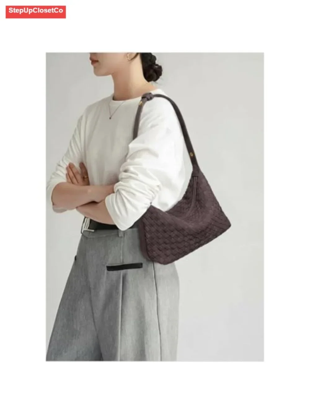 Woven Suede Shoulder Bag Slouchy Crescent Hobo Satchel Handbag